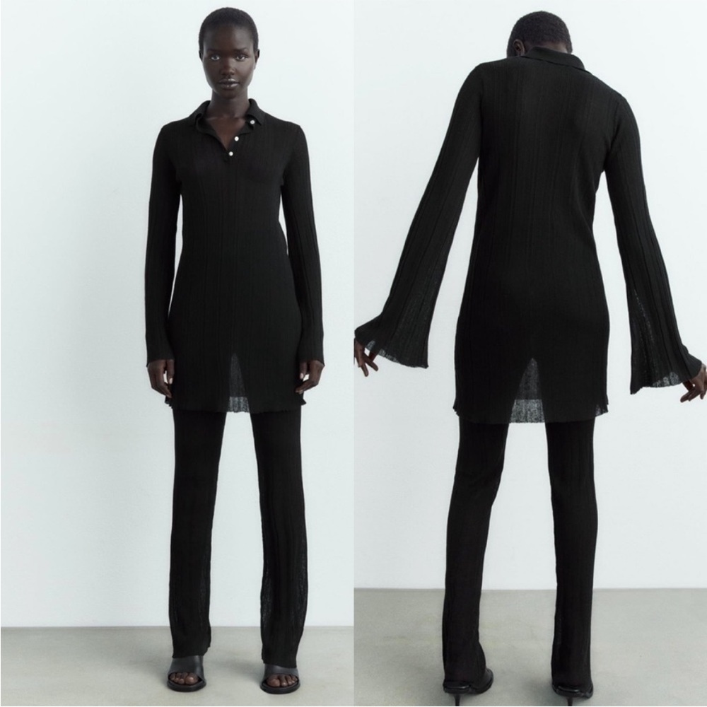 Zara Semi Sheer Rib Knit Longline Polo Black M